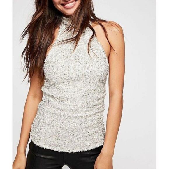 NEW Free People Silver Sequin Sequins High Neck Sparkle Turtleneck Tank Top XS - Picture 1 of 8
